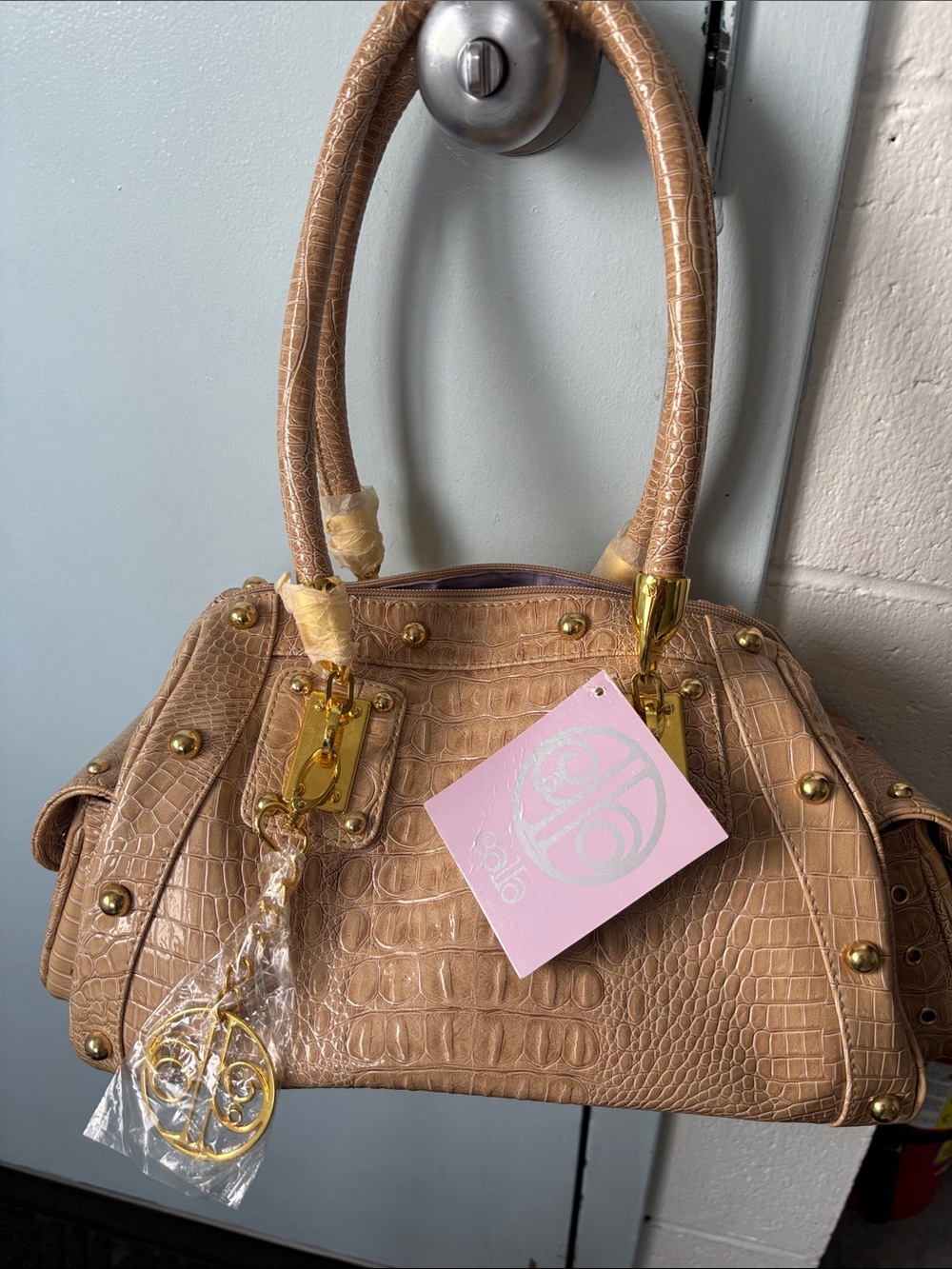 Croc-Embossed Tan Satchel with Gold Accents